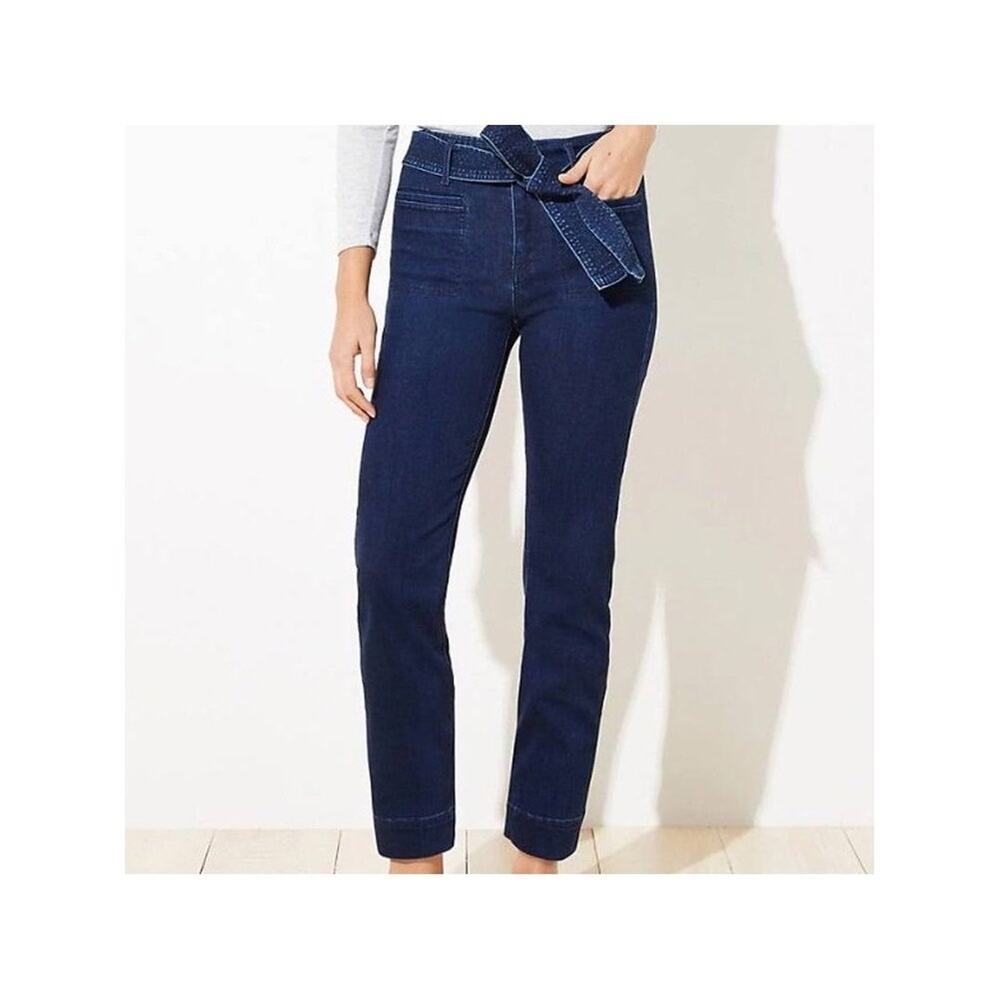 NWT Loft Tie Waist High Rise Straight Leg Jean Petite Size 25 Dark Wash